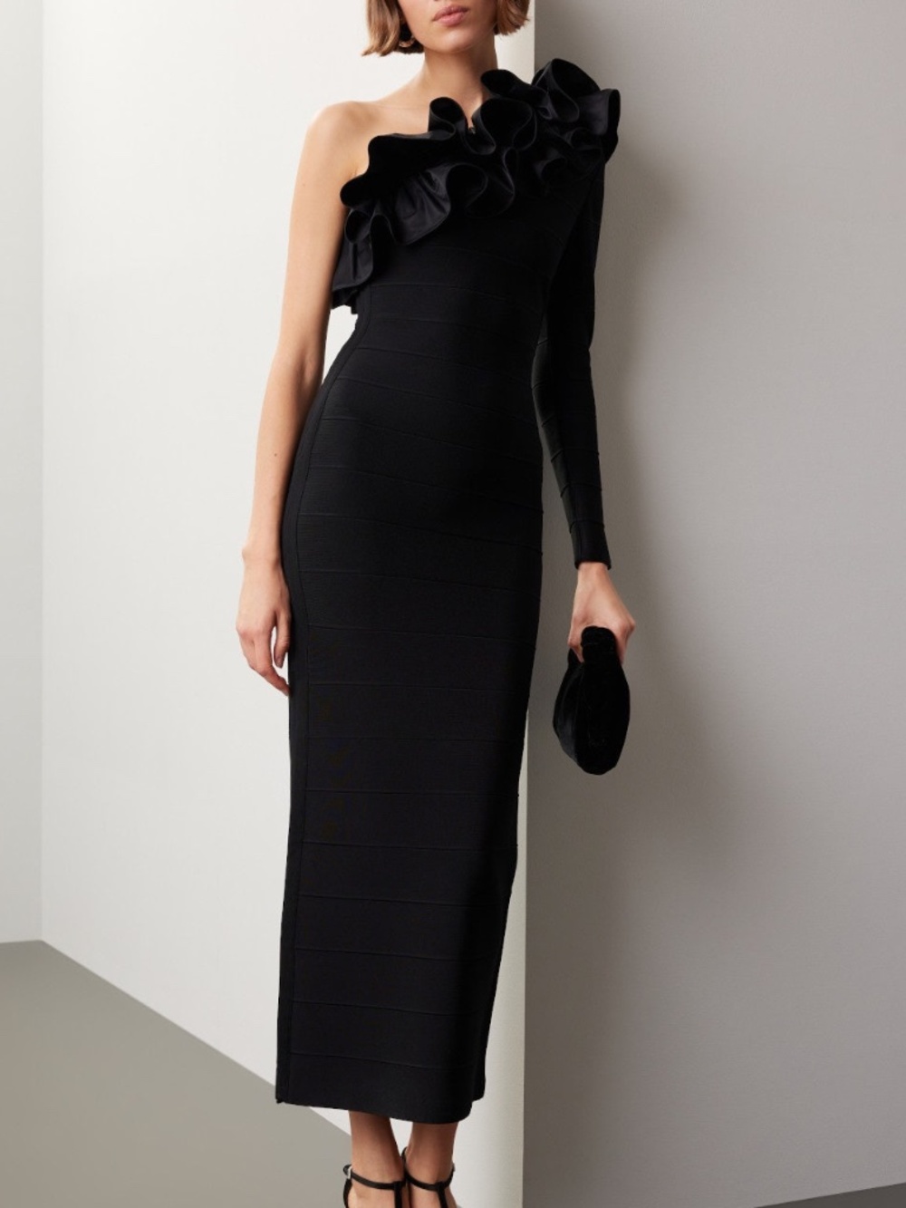 Herve Leger Asymmetrical Ruffle Gown Black One Shoulder Bandage Dress MEDIUM